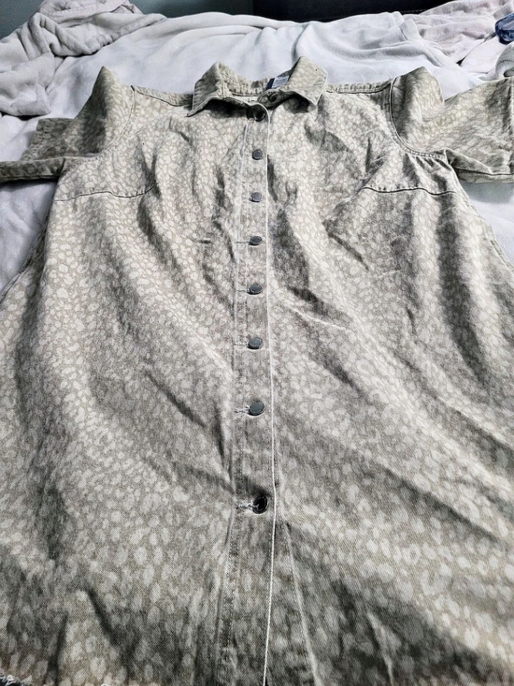 Denim Shirt Dress XXL Tan Leopard Print Button Down Raw Hem NEW